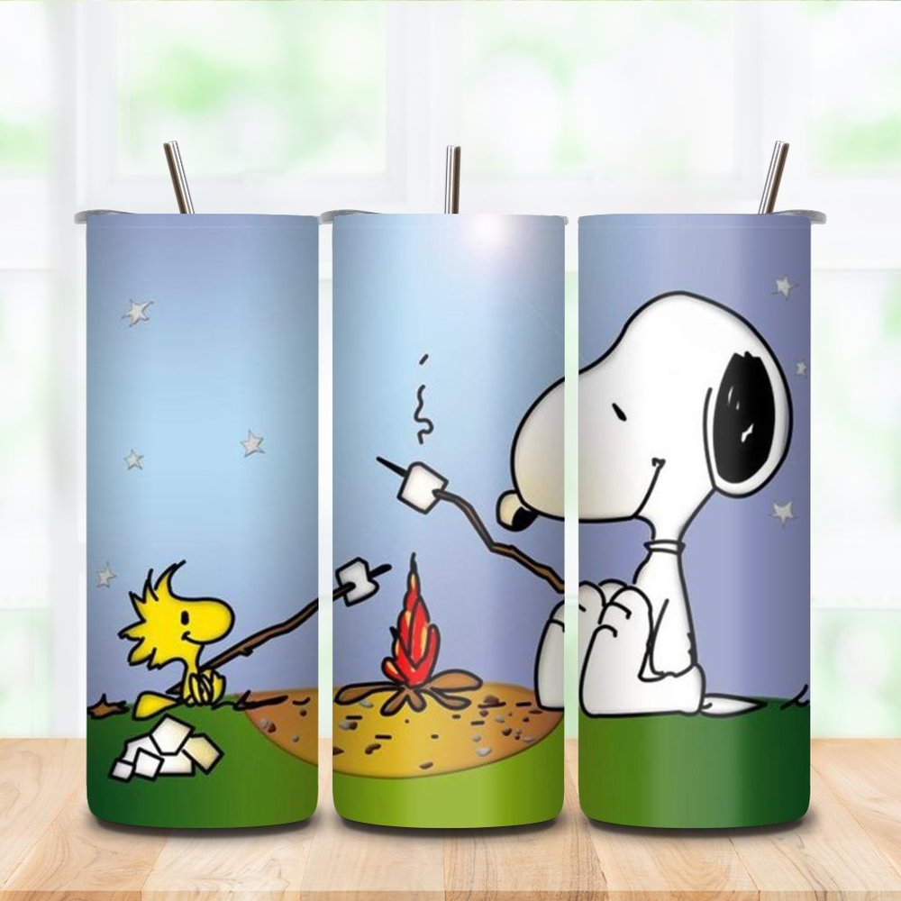 SNOOPY Camping Customizable 20oz tumbler with metal straw, cleaning brush